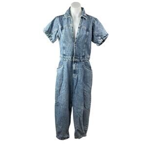 Free People Marci Blue Vollared Short SleeveTapered Denim Coverall Jumpsuit Sz M